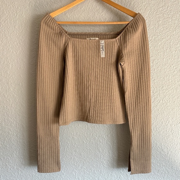 Madewell Ribbed Square-Neck Long-Sleeve Tee - Summer Dune Sz M - Picture 2 of 4